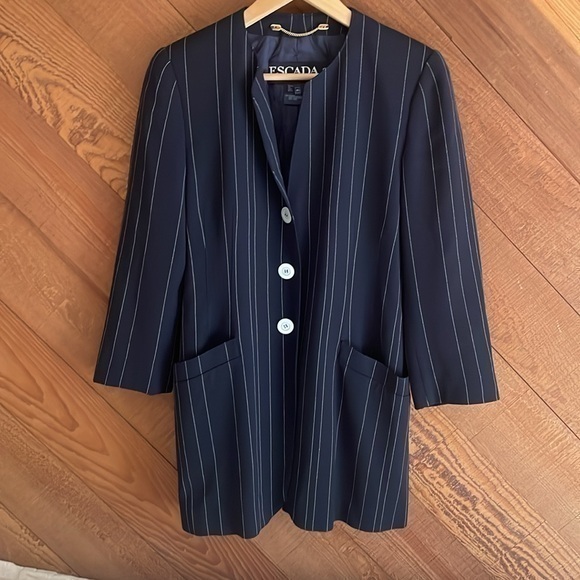 Vintage Escada Margaretha Ley Navy Pinstripe Wool Blazer Jacket - Picture 1 of 4